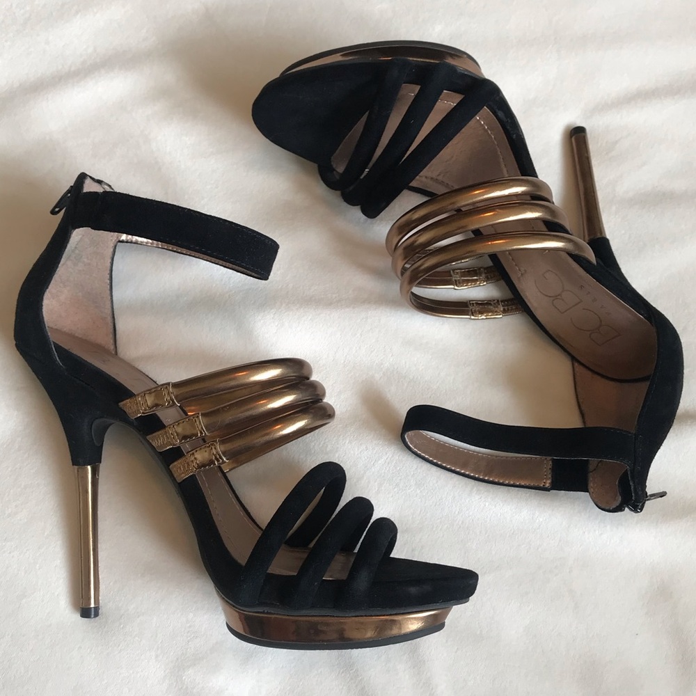 BCBG Strappy Black/Gold Stilettos
